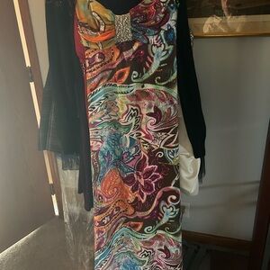 Multi colored floral long party, wedding or prom dress. Worn once. Size 3.